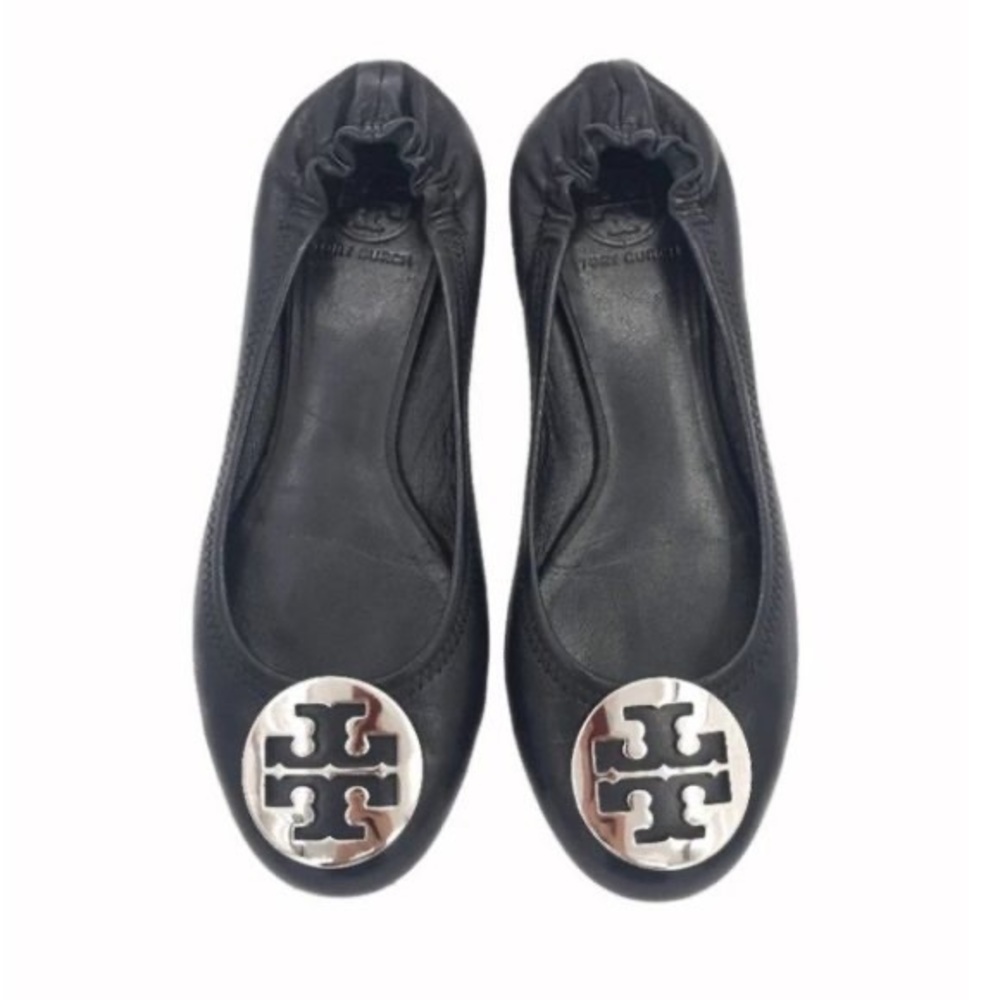 Tory Burch Minnie Travel Leather Ballet Flats Black & Silver 8.5
